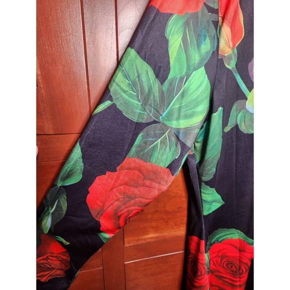 Womens Bodycon Dress 1XL Black Red Floral Mock Neck Long Sleeve Rose Print Chic - Picture 5 of 9